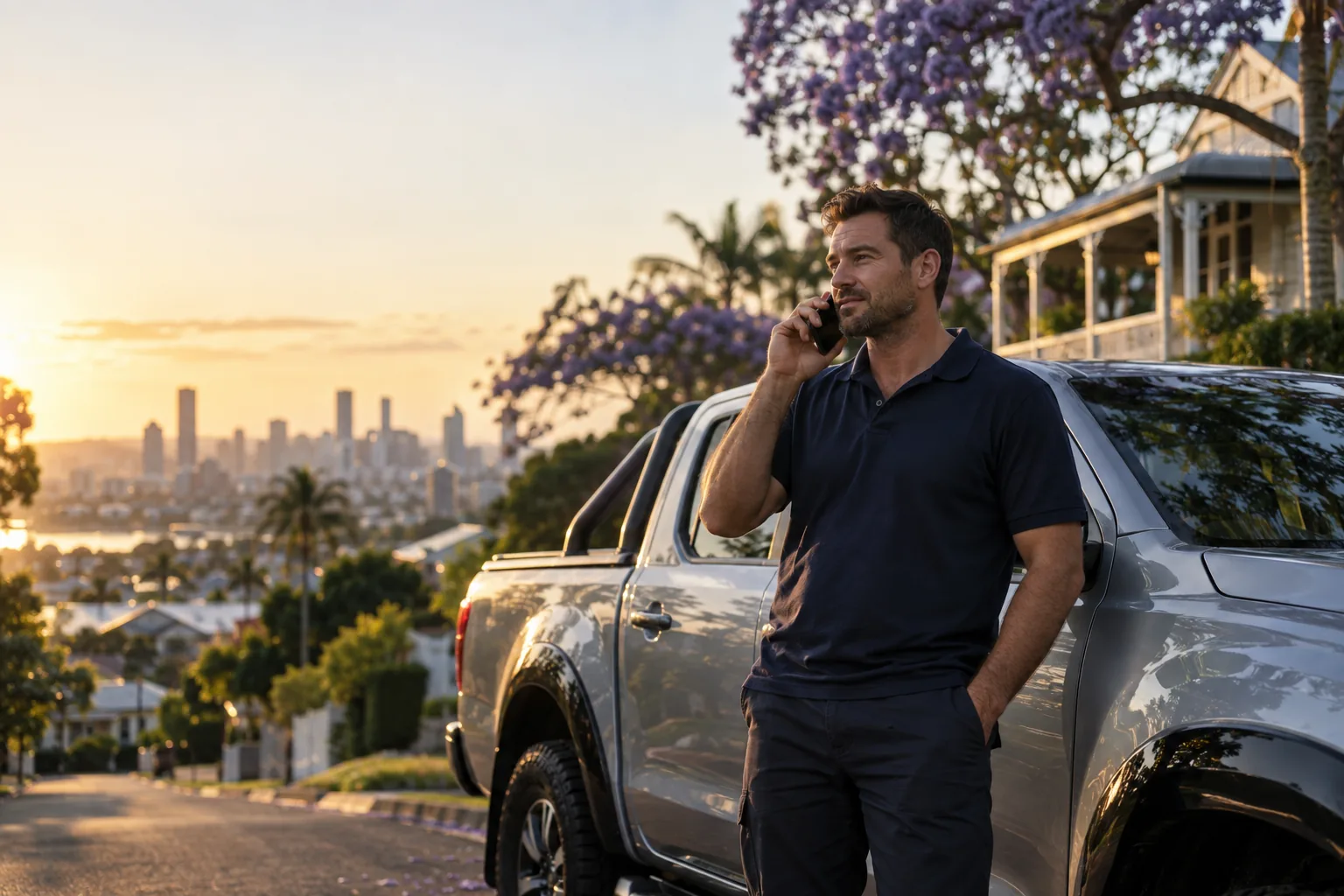 A car trader on a phone call beside a silver ute on a Brisbane street at sunset, the city skyline behind