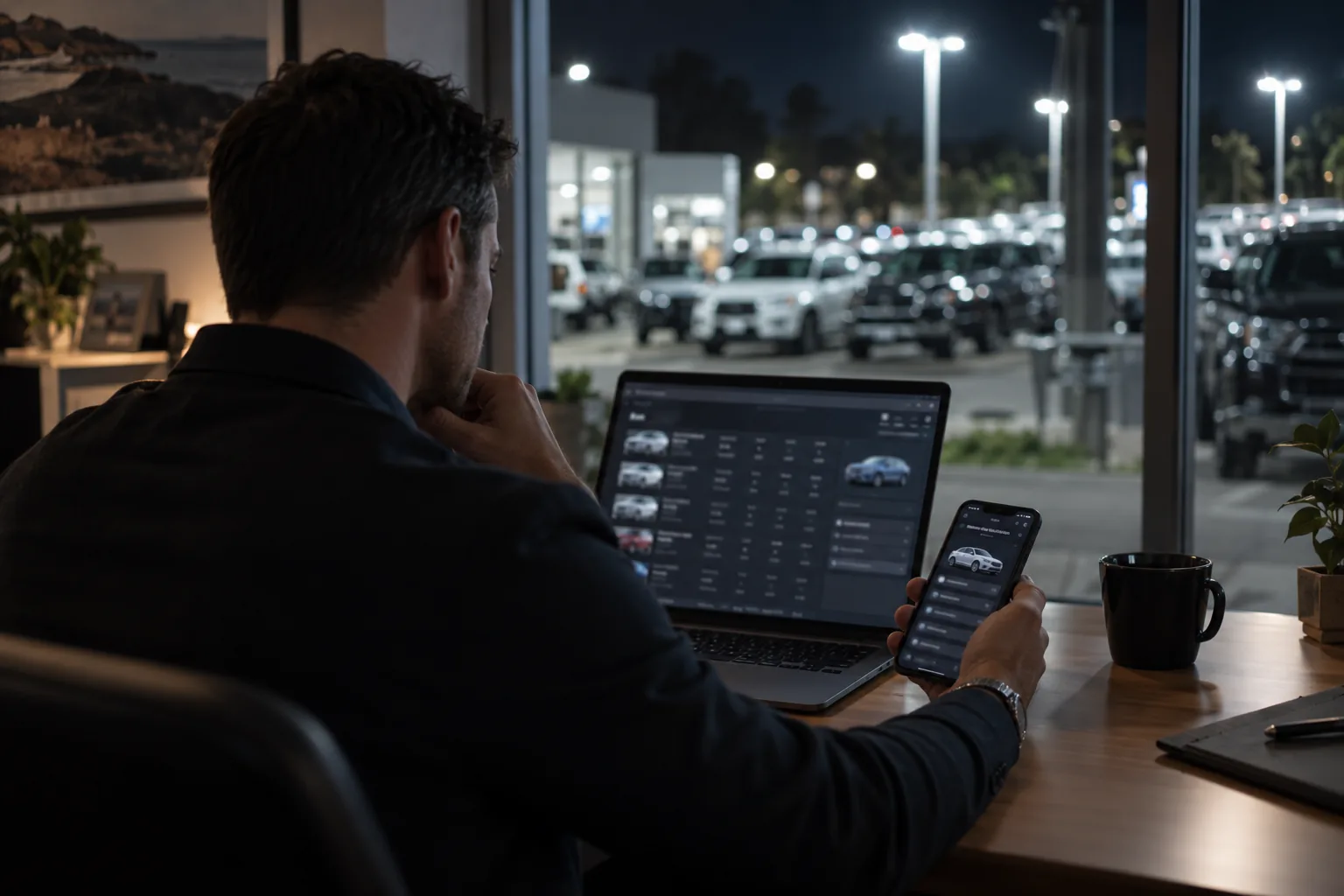 A trader at a desk at night with a laptop and phone, a lit car yard through the window