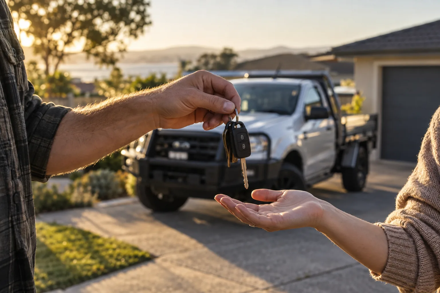 Car keys being handed over in a driveway with a white tray-back ute behind