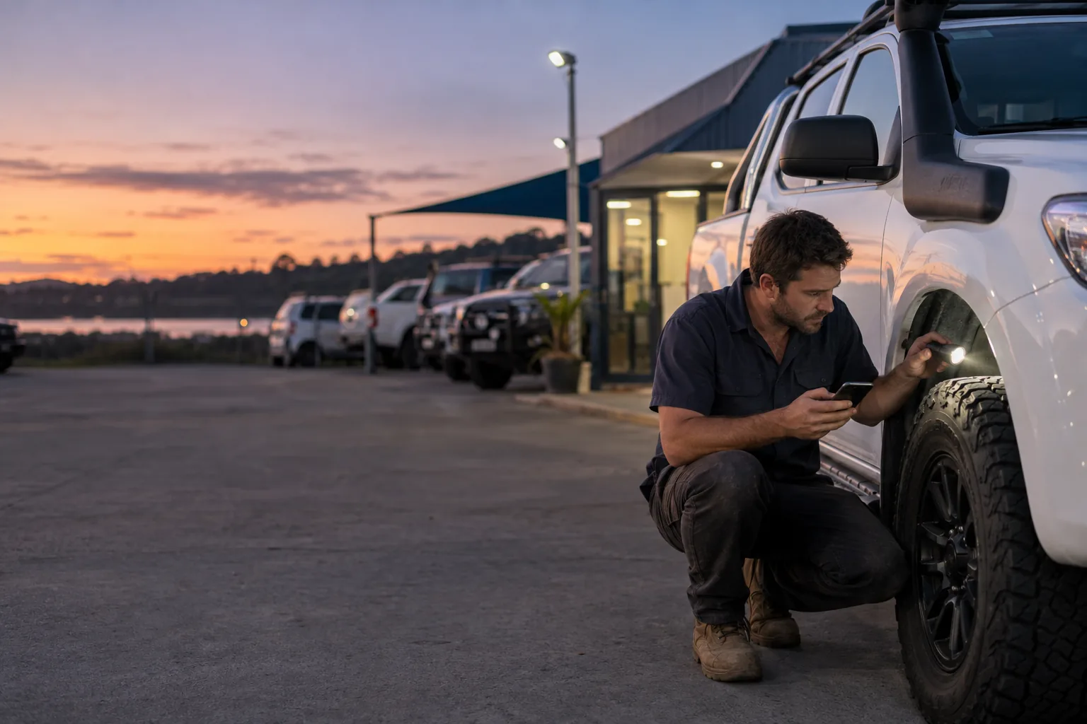 A car trader crouched beside a white ute on a yard at dusk, checking his phone