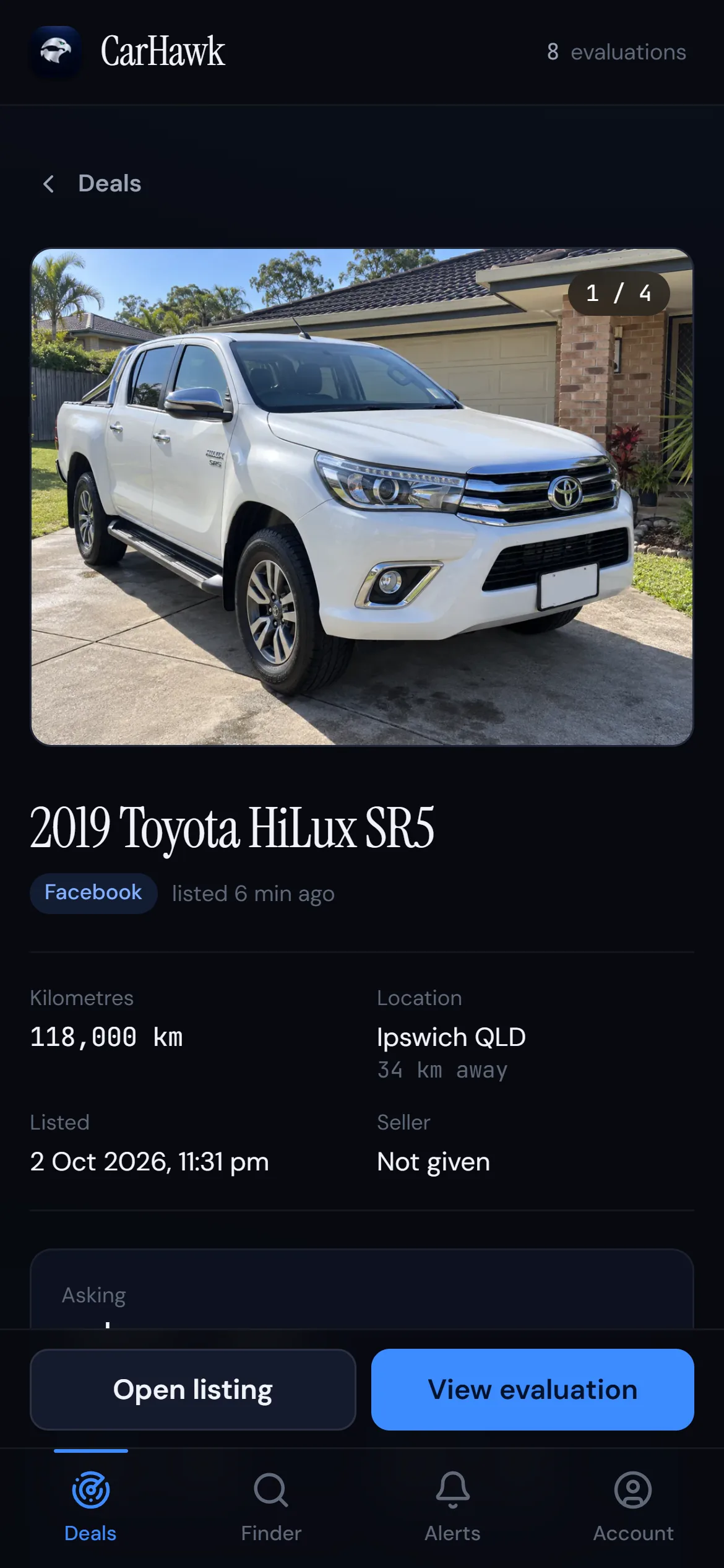 CarHawk deal page on a phone for a 2019 Toyota HiLux SR5