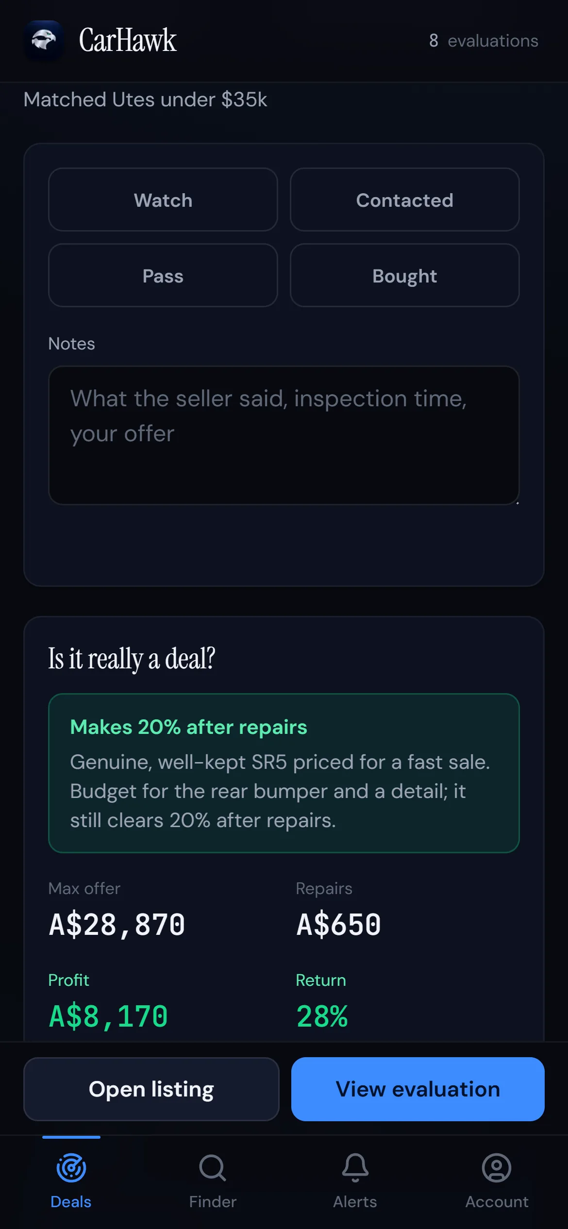 CarHawk evaluation result on a phone: makes 20% after repairs, max offer $28,870, repairs $650, profit $8,170, return 28%