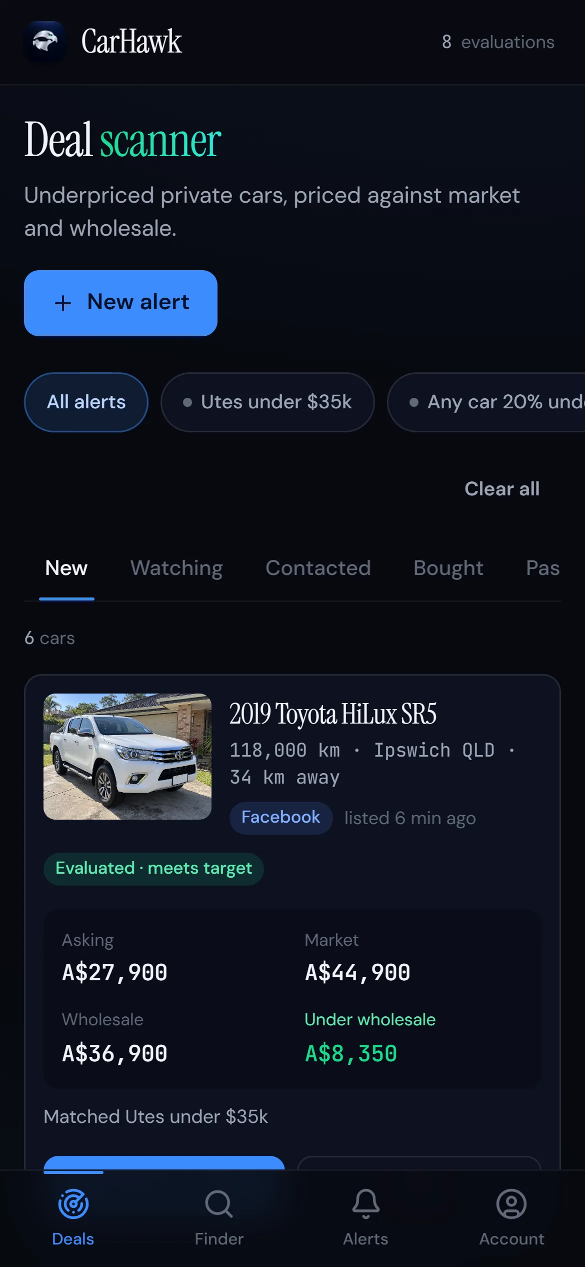 CarHawk deal feed on a phone with a 2019 Toyota HiLux SR5 marked evaluated, meets target